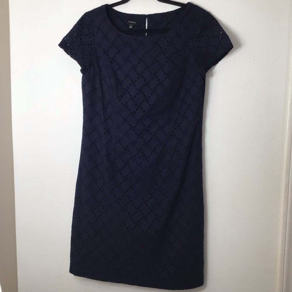 Talbots dress women 8 Navy blue career cotton modest short sleeve